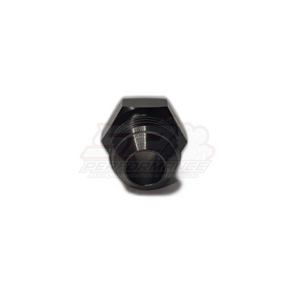 Black anodised M16 x 1.5 metric male to AN10 male flare adapter aluminium fitting front view showing hexagonal body and threaded connections