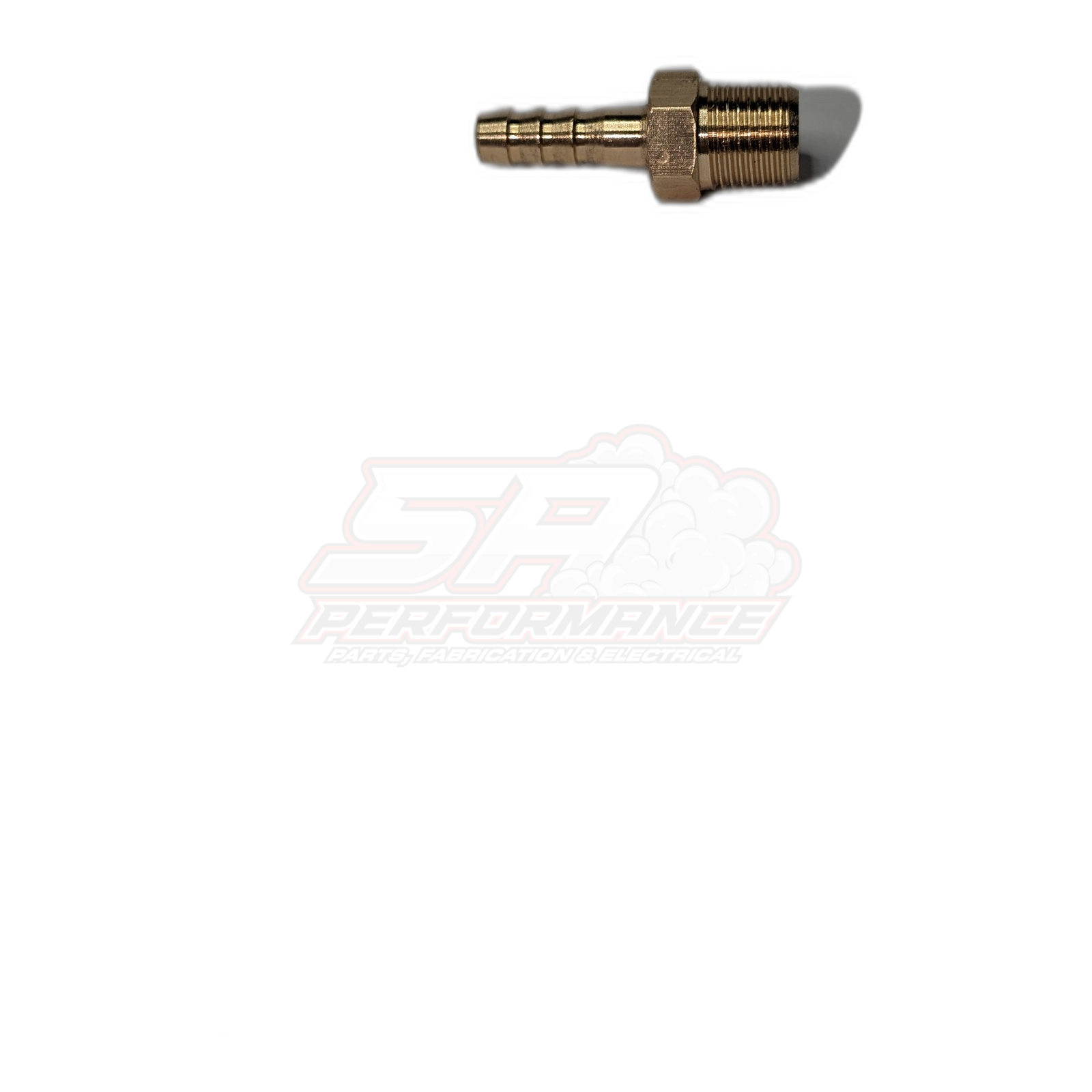 Side profile view of brass 1/8 inch male NPT to 5mm 3/16 inch barb fitting showing threaded end and hexagonal nut