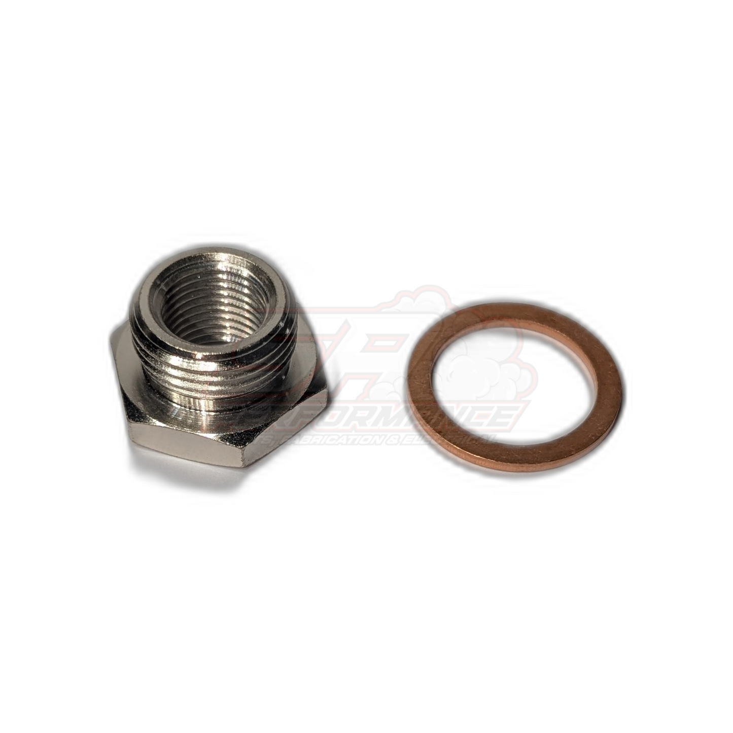 M18 x 1.5mm to M12 x 1.25mm O2 sensor adapter showing internal female threads and hexagonal body with copper crush washer