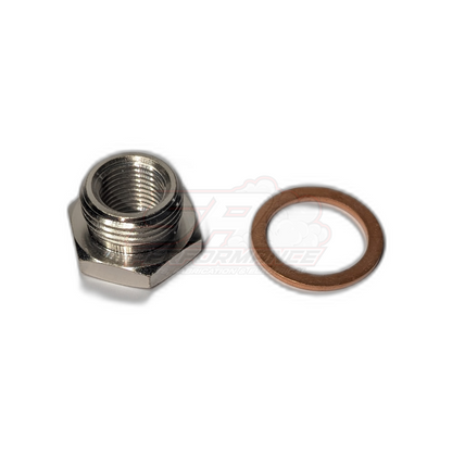 M18 x 1.5mm to M12 x 1.25mm O2 sensor adapter showing internal female threads and hexagonal body with copper crush washer