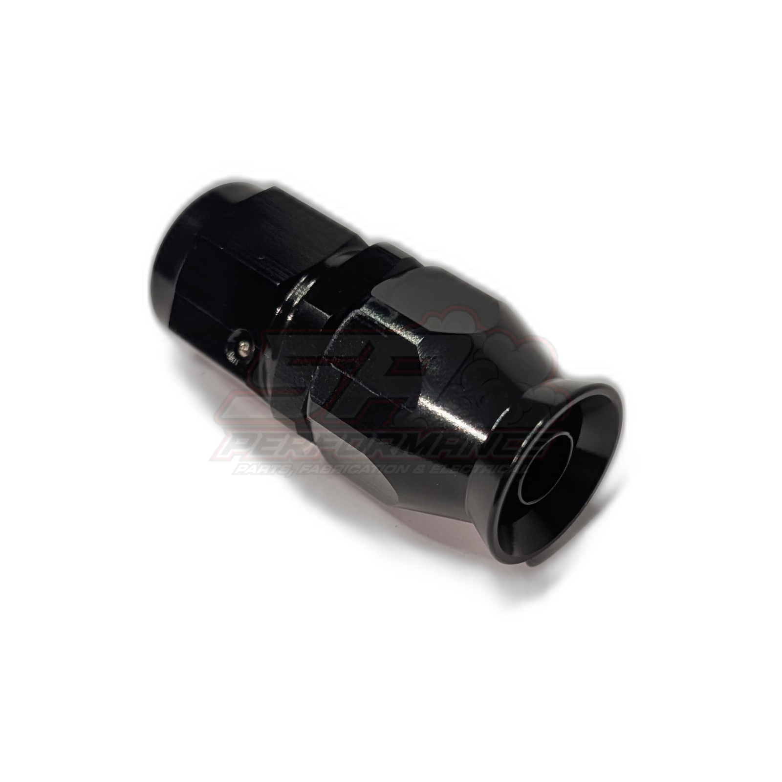 Black anodised aluminium AN6 straight PTFE hose end fitting angled view showing hex body and internal olive insert