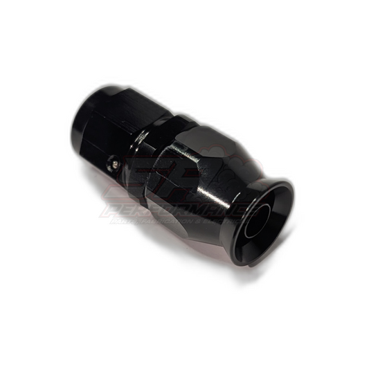 Black anodised aluminium AN6 straight PTFE hose end fitting angled view showing hex body and internal olive insert