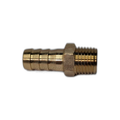 Side view of 1/4 inch male NPT to 9.5mm 3/8 inch barb brass fitting showing threaded end and ribbed barb tail