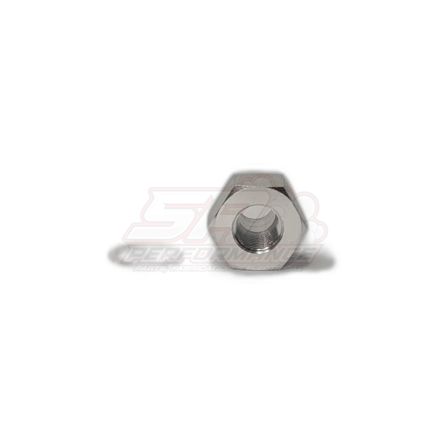 Side view of NPT 1/8 female to M12x1.5 metric male adapter showing hexagonal body and internal female threads