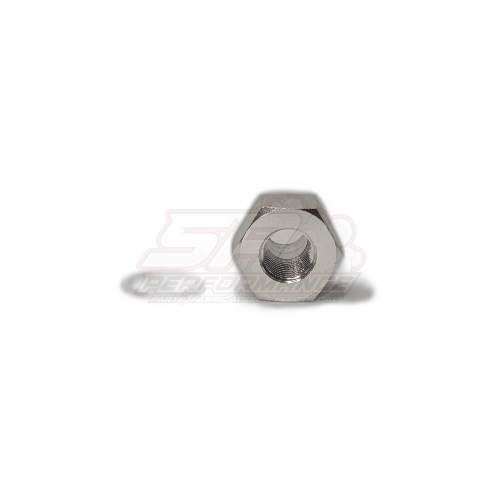 Side view of NPT 1/8 female to M12x1.5 metric male adapter showing hexagonal body and internal female threads