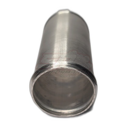 Angled view inside 40mm aluminium hose joiner showing polished finish, beaded internal end, and straight through bore