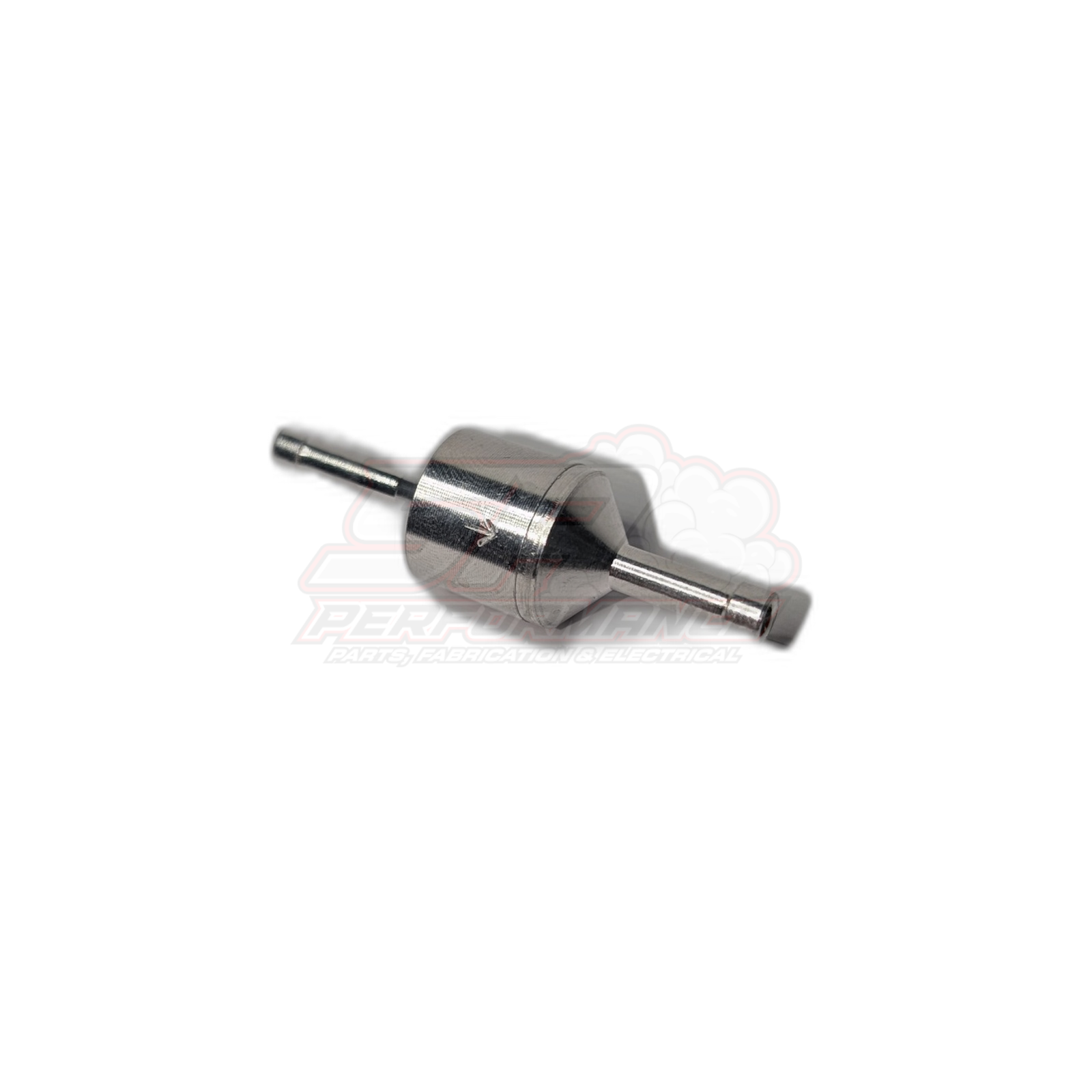 4mm aluminium inline one way valve angled side view showing chrome body and dual barbed connections