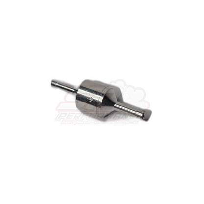 4mm aluminium inline one way valve angled side view showing chrome body and dual barbed connections
