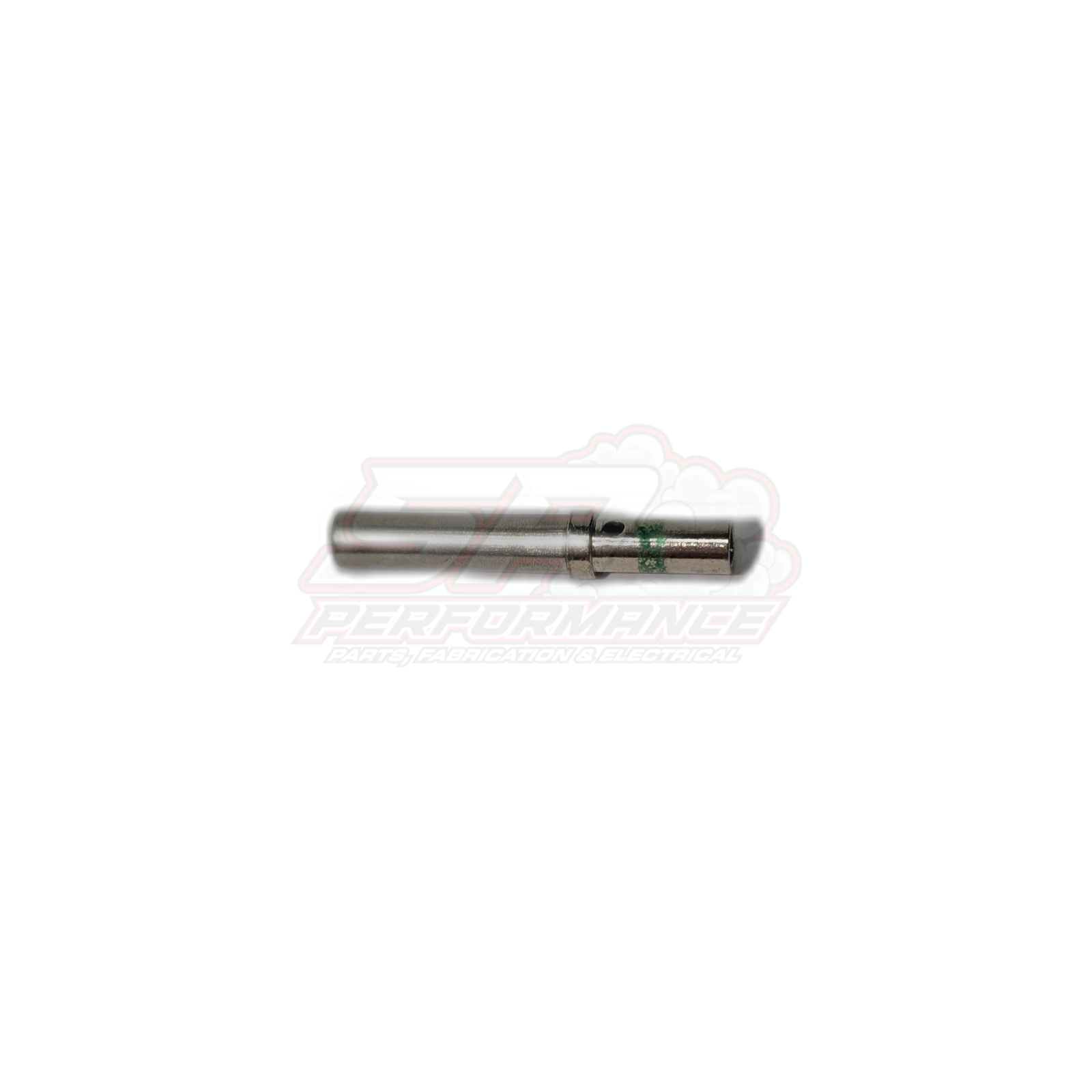Side view of Deutsch DT female terminal 1.0-2.0mm² showing solid green band marking on cylindrical silver barrel with crimp section visible