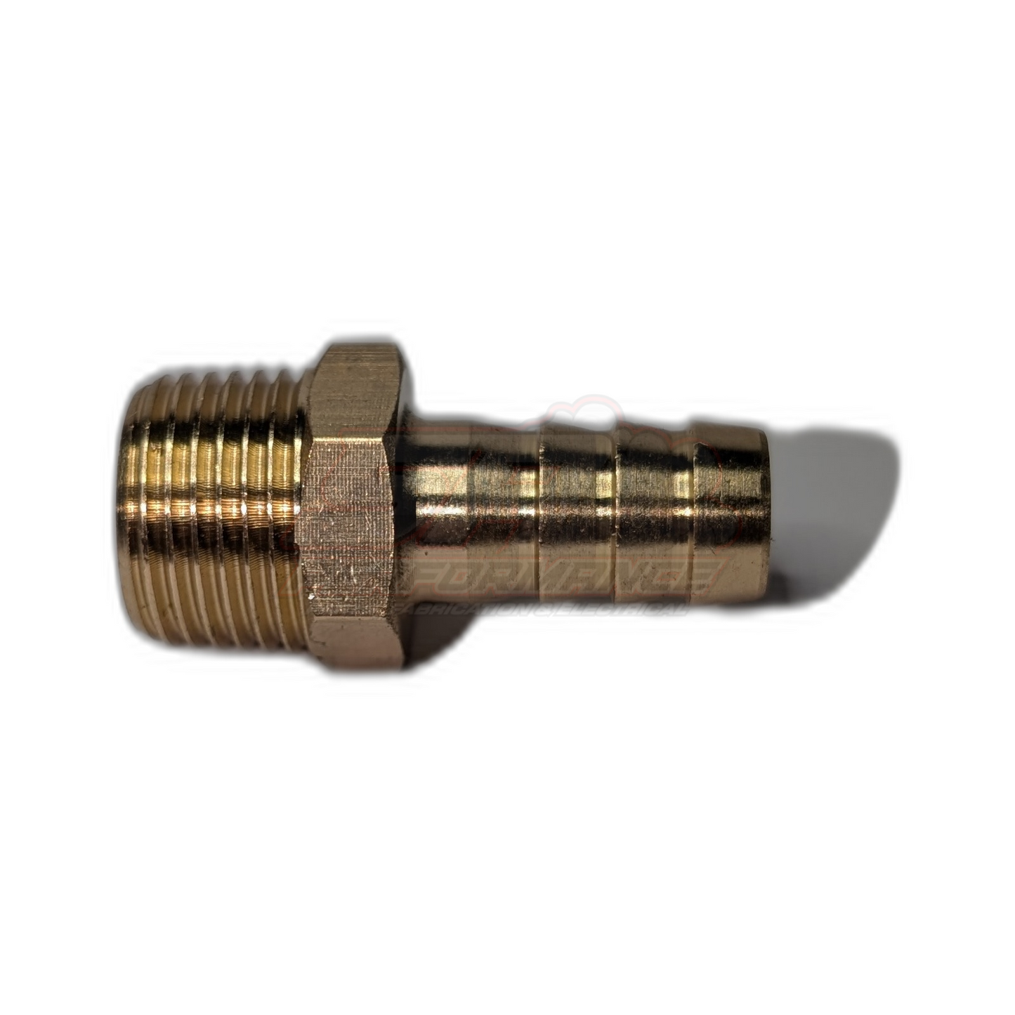 Side profile of brass 3/8 inch male NPT to 9.5mm barb fitting showing hexagonal flats and barbed hose tail