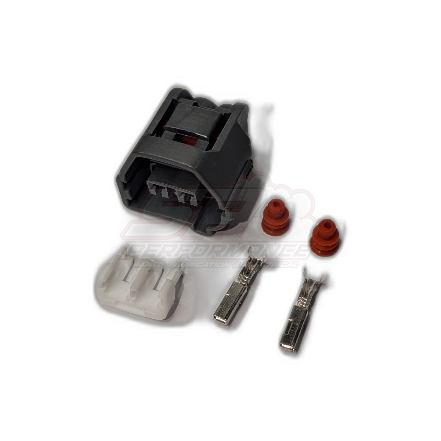 Toyota 1JZ-GTE 2JZ-GTE 2-pin cam crank sensor connector kit exploded view showing black housing, clear lock, metal terminals and red seals