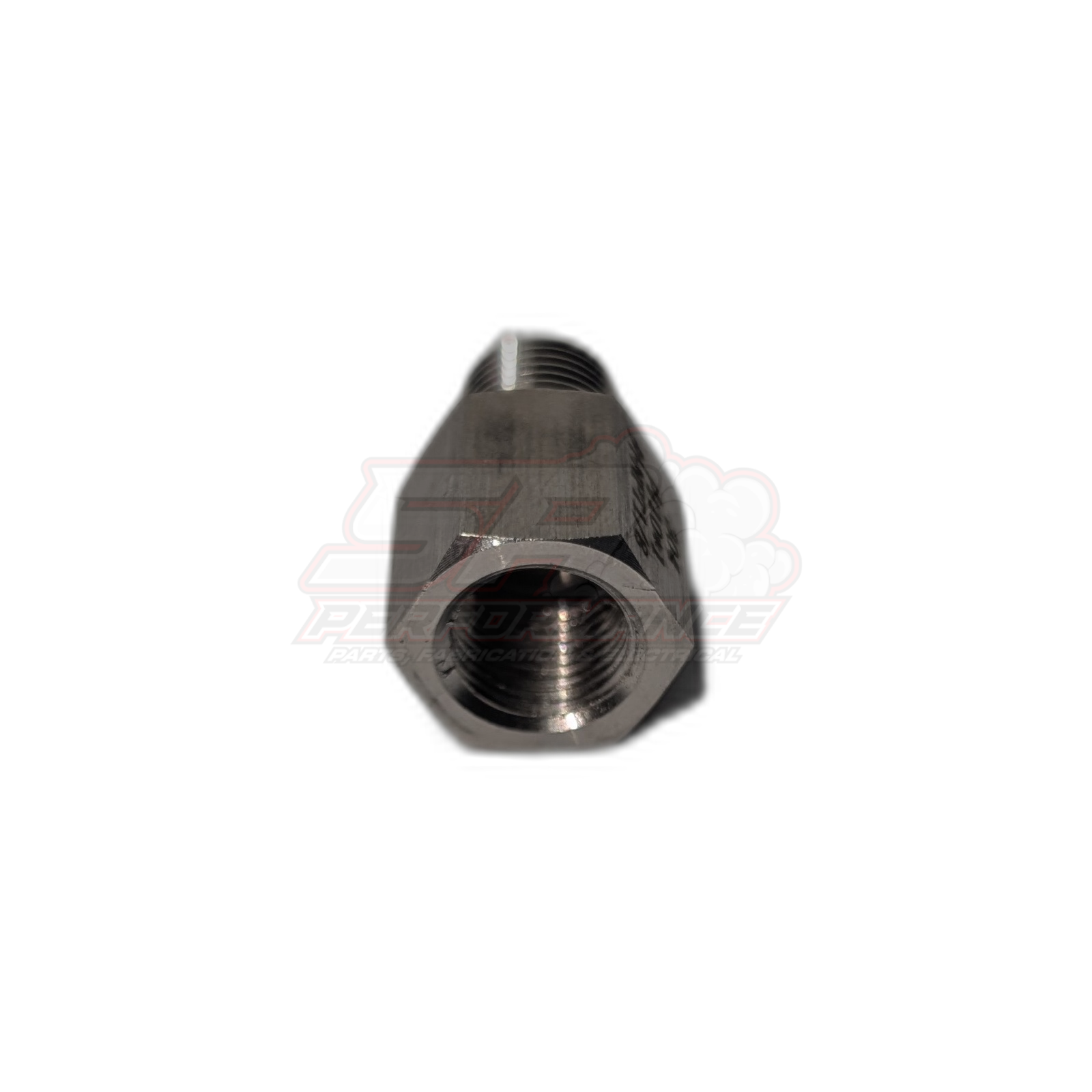 Front angled view of black steel M10x1.0 female to 1/8 NPT male adapter fitting showing internal female threads and hexagonal flats for Bosch sensor installation