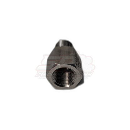Front angled view of black steel M10x1.0 female to 1/8 NPT male adapter fitting showing internal female threads and hexagonal flats for Bosch sensor installation