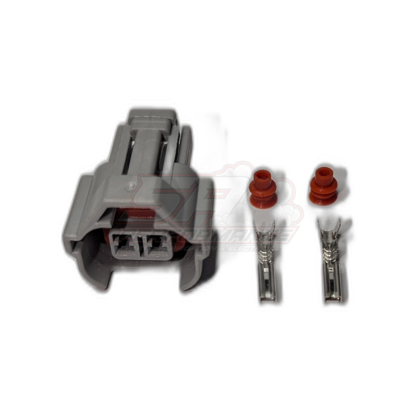 Grey 2-pin Denso High Guide injector connector housing with two female terminals and red rubber seals shown separately on white background