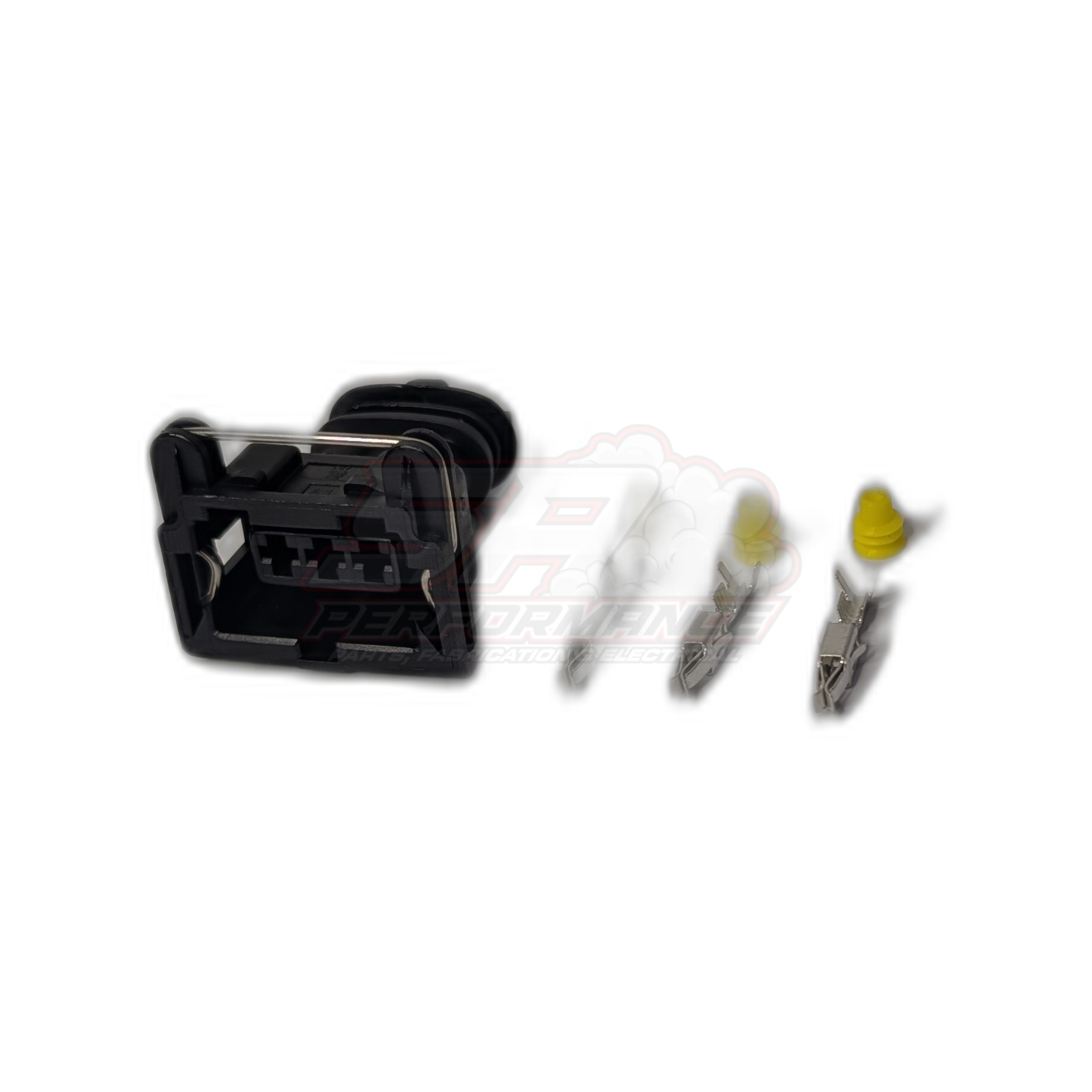 Bosch 3-pin Jetronic connector exploded view showing black housing, clear seals, metal terminals and yellow wire seals