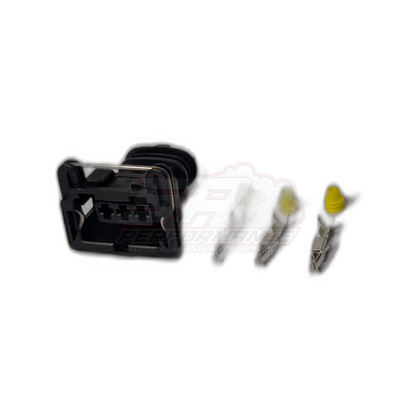 Bosch 3-pin Jetronic connector exploded view showing black housing, clear seals, metal terminals and yellow wire seals