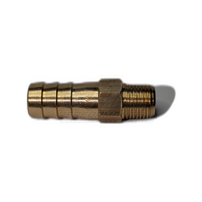 Side view of brass 1/8 NPT male to 9.5mm 3/8 inch barb fitting showing threaded end and ribbed hose barb detail