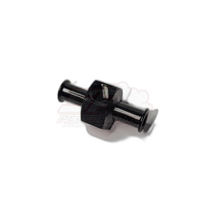 Black anodised aluminium 3/8 barb to 3/8 barb inline adapter with 1/8 NPT female sensor port shown at angle