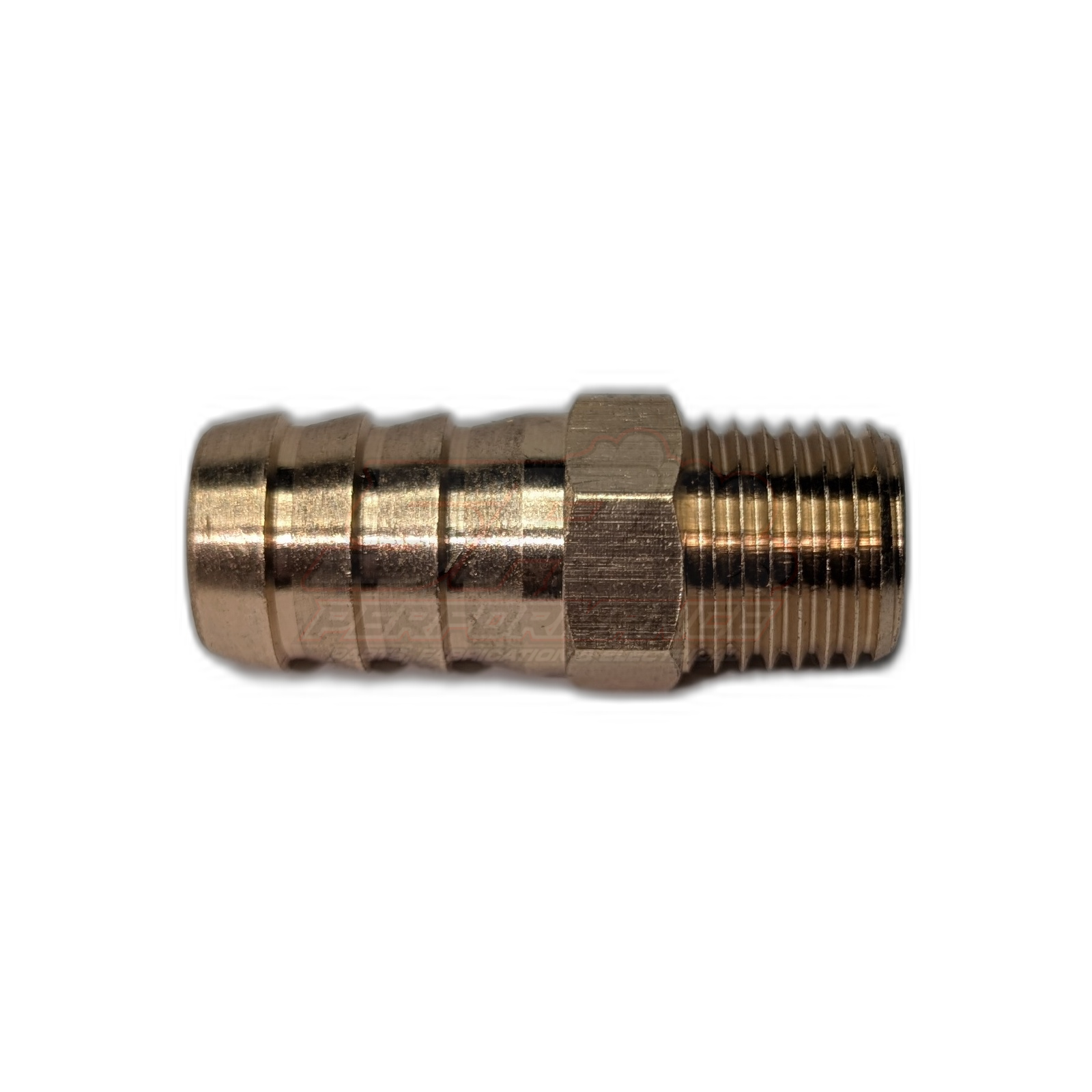 Side view of brass 1/4 inch male NPT to 12.7mm half inch barb fitting showing hex body and ribbed barb end