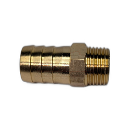 Side view of 1/2 inch male NPT to 19mm 3/4 inch barb brass fitting showing hexagonal body and threaded end