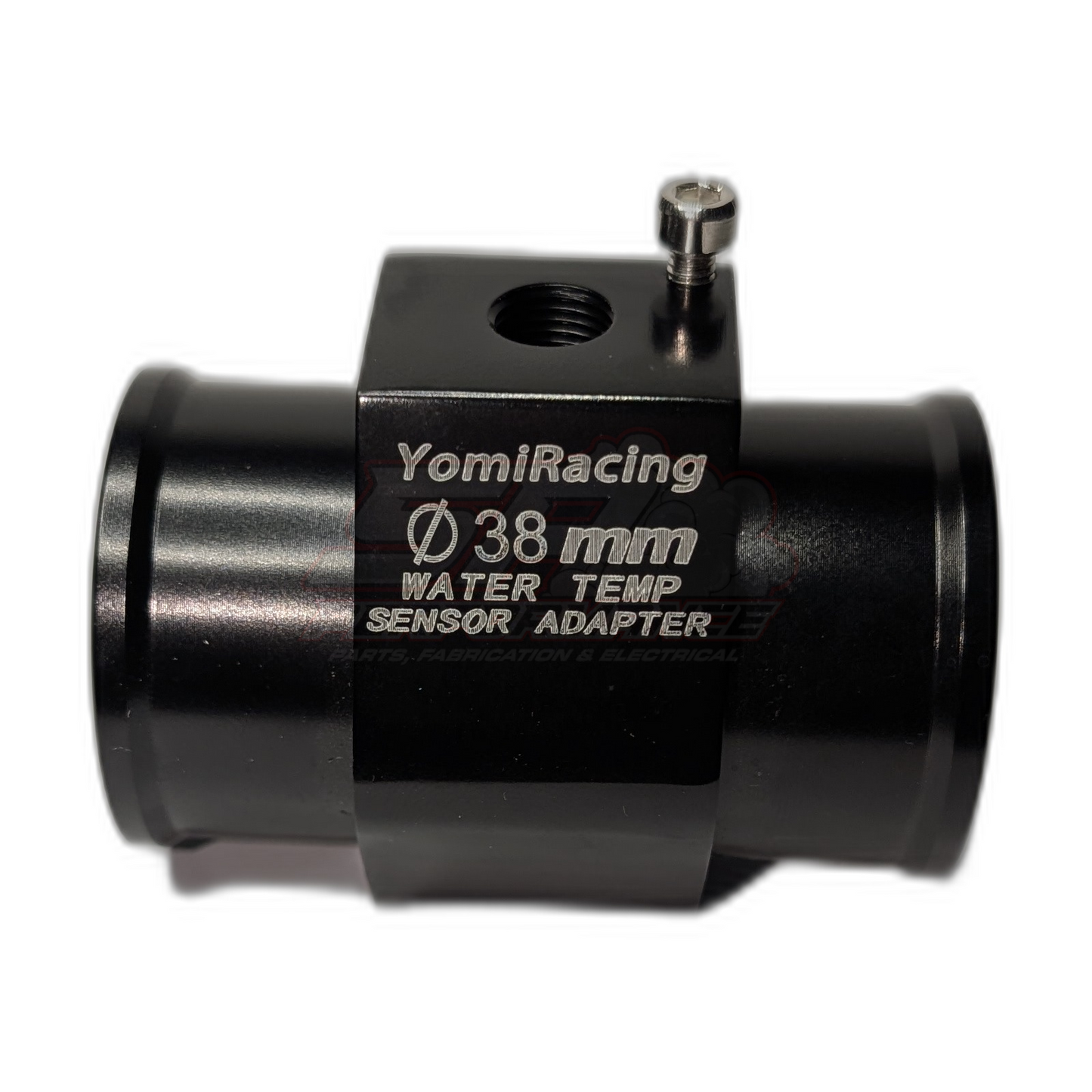 YomiRacing 38mm black anodised aluminium water temp sensor adapter with engraved markings and top-mounted 1/8 NPT port with set screw