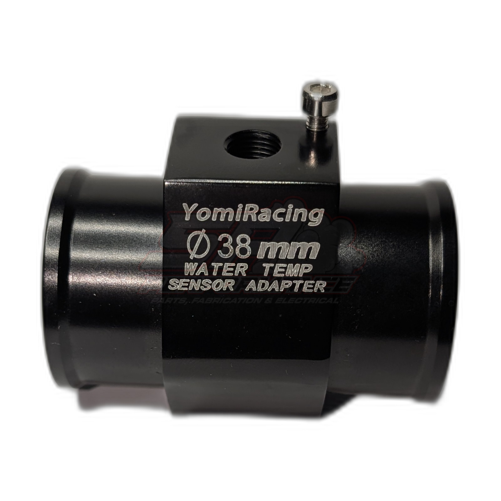 YomiRacing 38mm black anodised aluminium water temp sensor adapter with engraved markings and top-mounted 1/8 NPT port with set screw