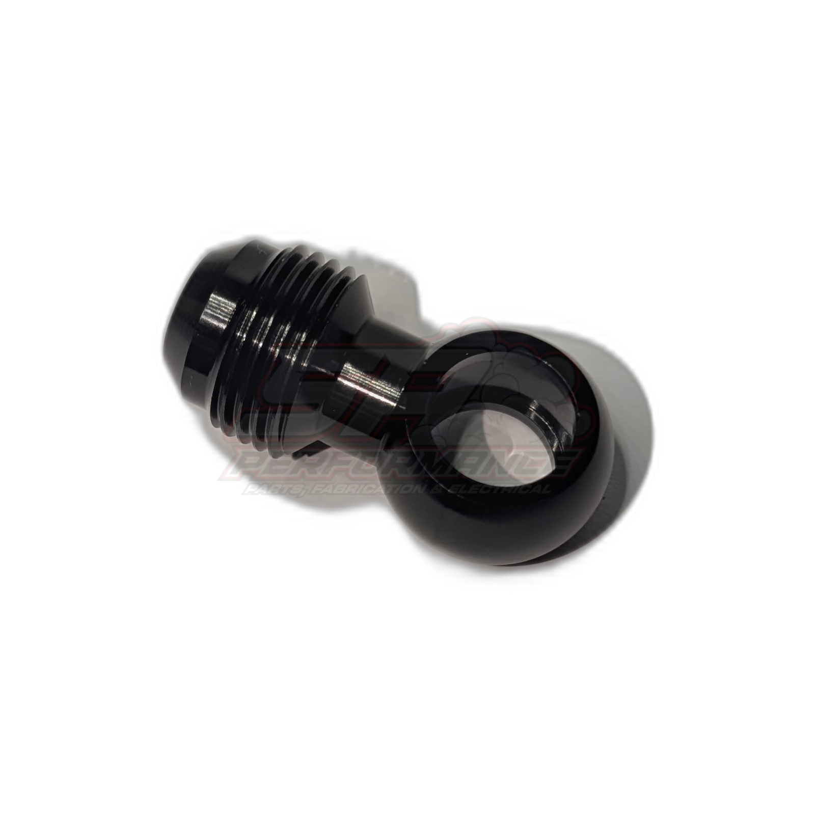 Black anodised 12mm fuel banjo fitting with AN-8 male flare adapter showing threaded banjo body and hose barb end with sealing washer