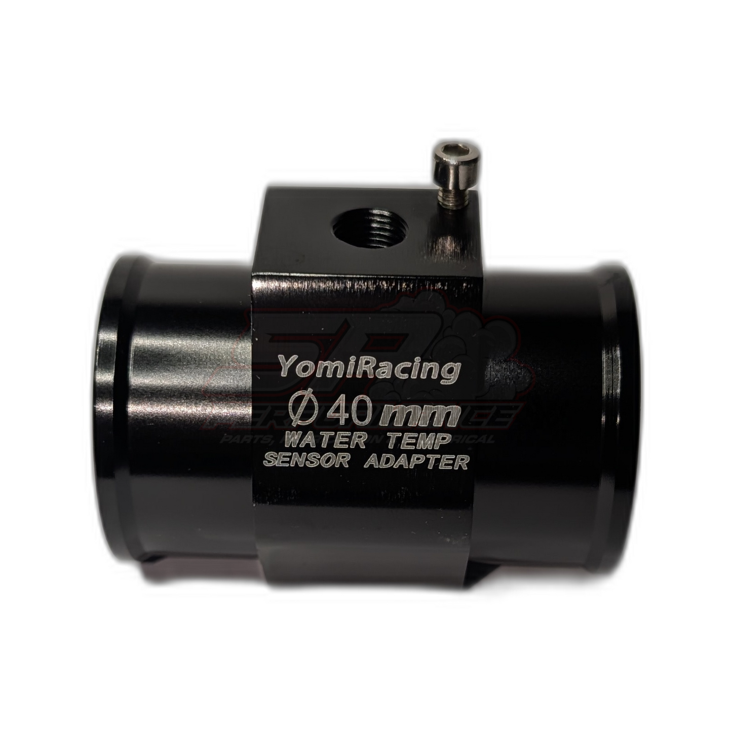 Black anodised aluminium YomiRacing 40mm water temperature sensor adapter with 1/8 NPT threaded port and grub screw, side profile view