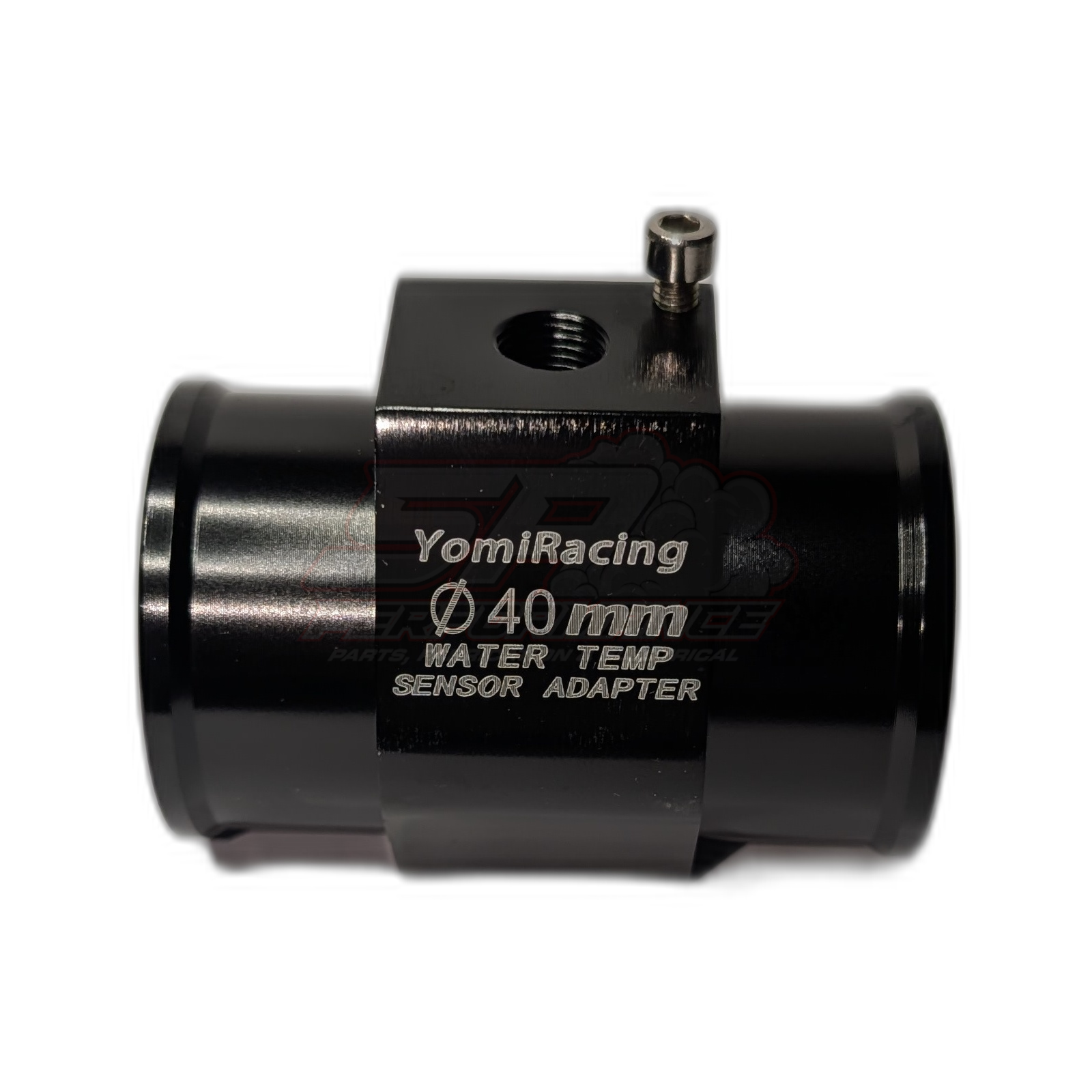 Black anodised aluminium YomiRacing 40mm water temperature sensor adapter with 1/8 NPT threaded port and grub screw, side profile view