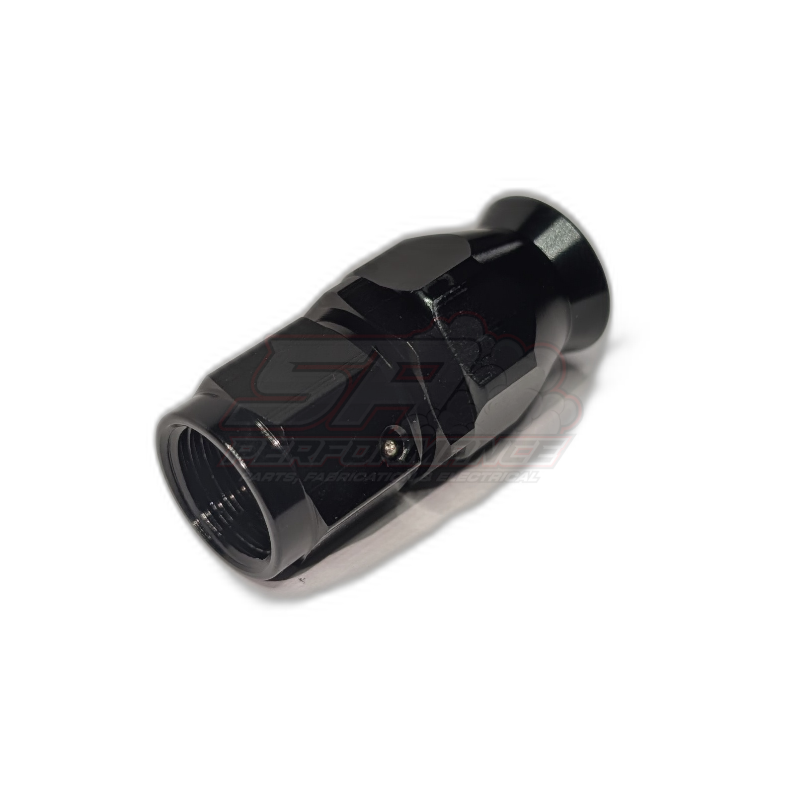 Black anodised aluminium AN6 PTFE hose end straight fitting angled view showing hexagonal body and internal threads