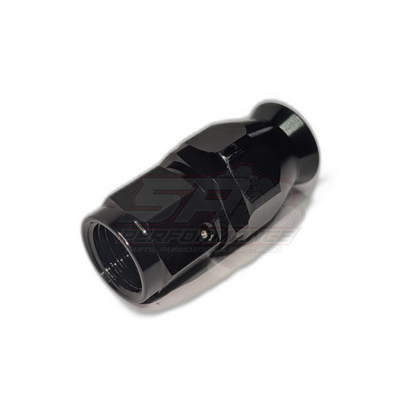 Black anodised aluminium AN6 PTFE hose end straight fitting angled view showing hexagonal body and internal threads