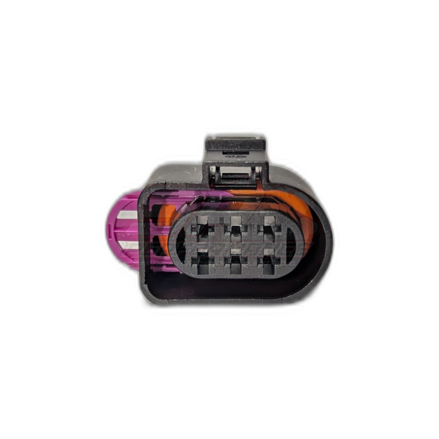 Front view of Bosch LSU 4.2 6-pin oxygen sensor connector showing black oval housing with exposed terminal slots, grey locking tab, and purple and orange seals visible inside