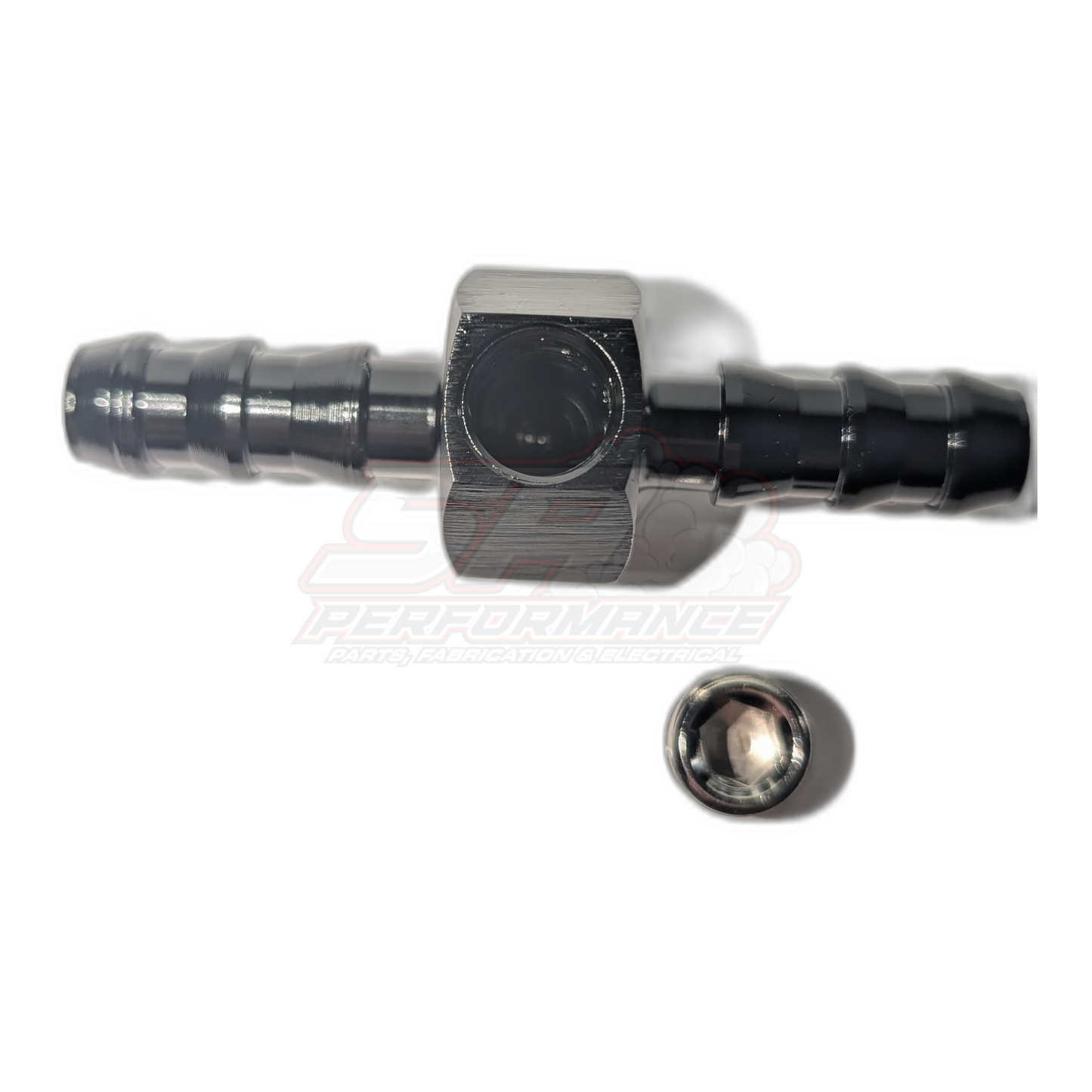 Top view of inline 5/16 inch barb adapter with 1/8 NPT port showing hex body, barbed ends and separate chrome ball check valve