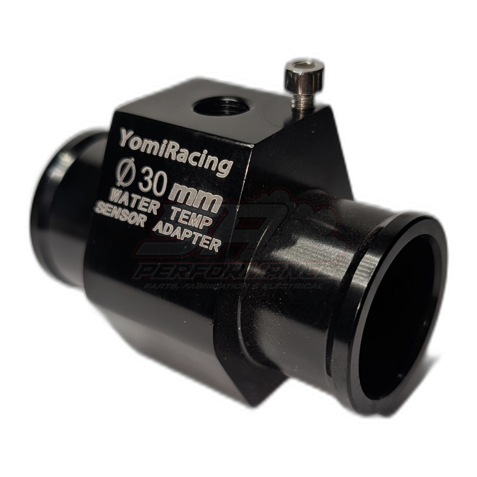 YomiRacing 30mm black anodised aluminium water temp sensor adapter showing side view with engraved markings and 1/8 NPT threaded port with grub screw on top