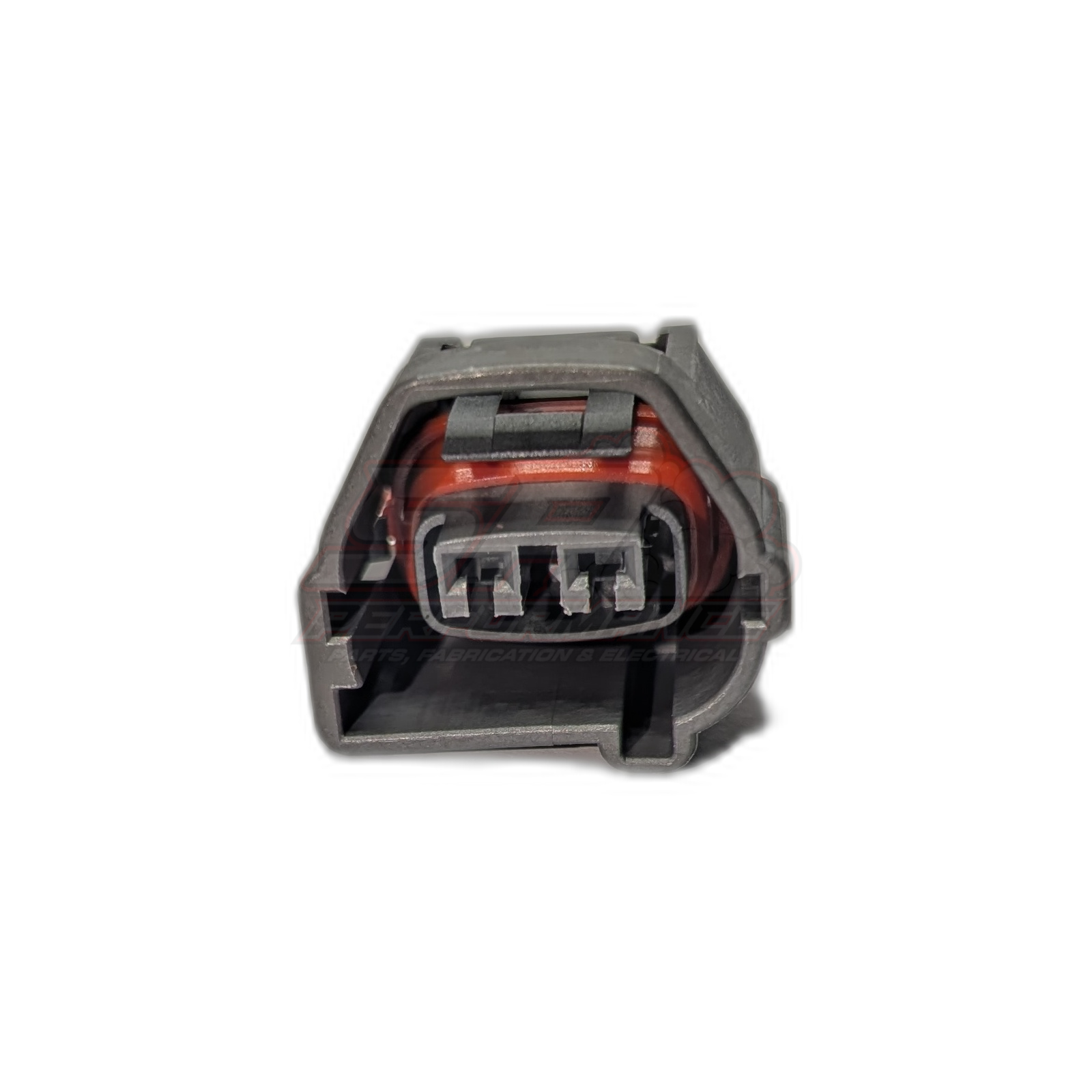 Front view of Toyota 1JZ-GTE 2JZ-GTE 2-pin cam crank sensor connector showing grey housing with four terminal slots and orange weatherproof seal