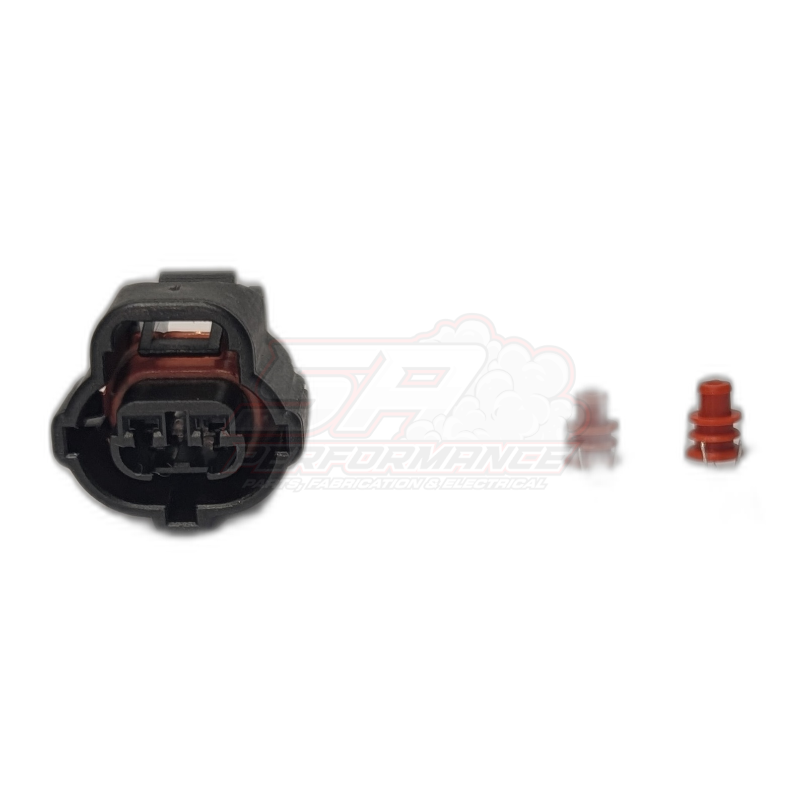 Black 2-pin Toyota IAT sensor connector housing with red seals and terminals separated, showing internal terminal slots and red rubber gasket