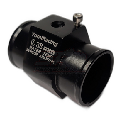 YomiRacing 38mm water temp sensor adapter in black anodised aluminium with 1/8 NPT threaded port and mounting screw shown from angled side view