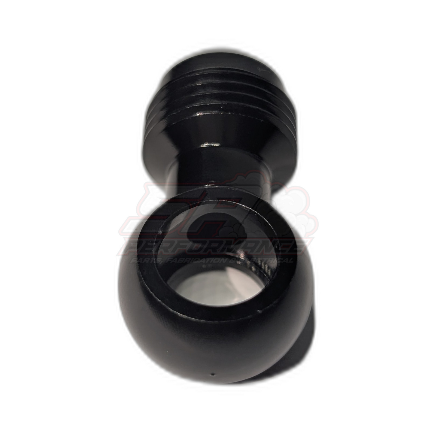 Overhead view of black anodised aluminium 12mm banjo fitting with AN8 male flare adapter showing threaded banjo bolt mount and flare end