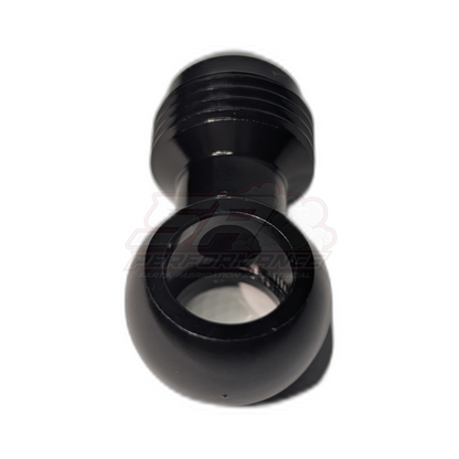 Overhead view of black anodised aluminium 12mm banjo fitting with AN8 male flare adapter showing threaded banjo bolt mount and flare end