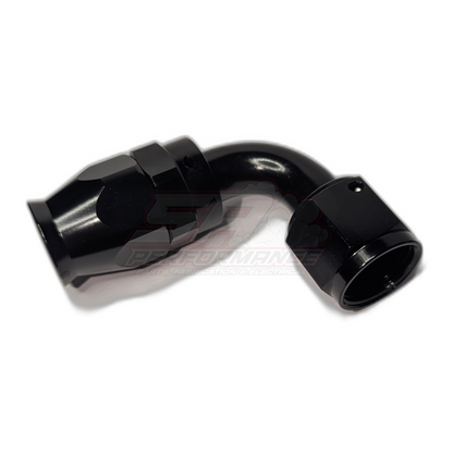 Black anodised aluminium AN10 90 degree PTFE hose end fitting side view showing hexagonal nut and curved elbow body