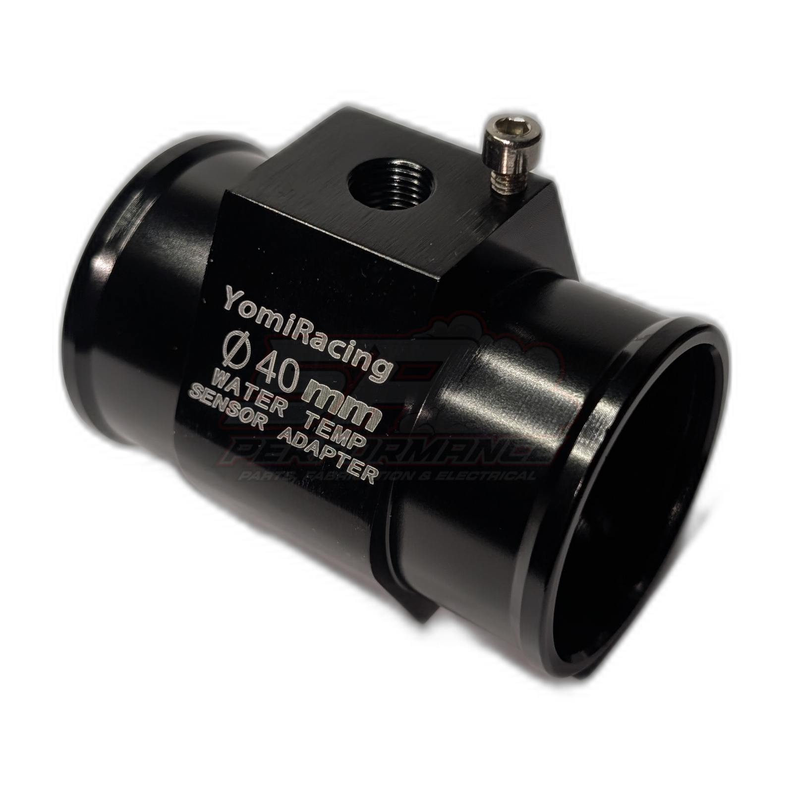 Black anodised aluminium 40mm coolant hose adapter angled view showing YomiRacing branding and 1/8 NPT sensor port with grub screw