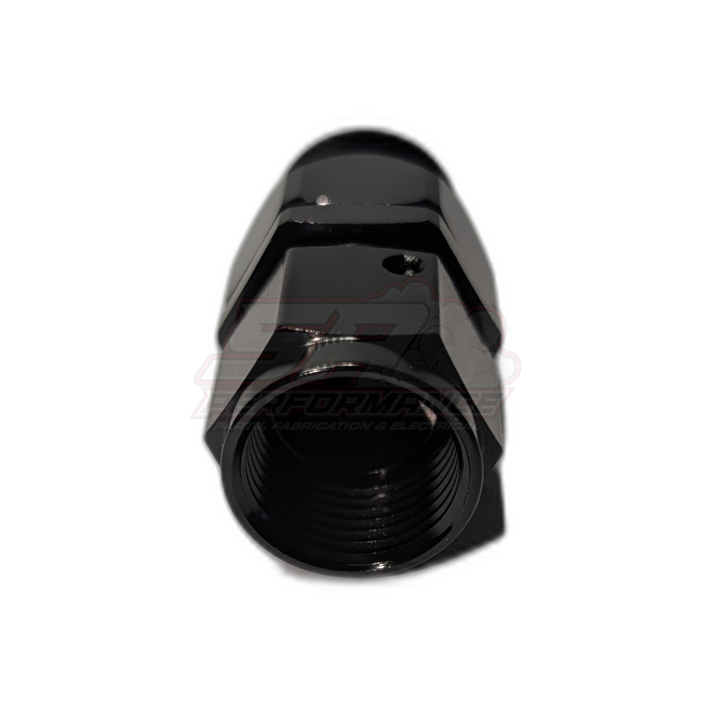 Black anodised aluminium AN10 PTFE hose end fitting front view showing hexagonal body with internal threads and machined socket detail
