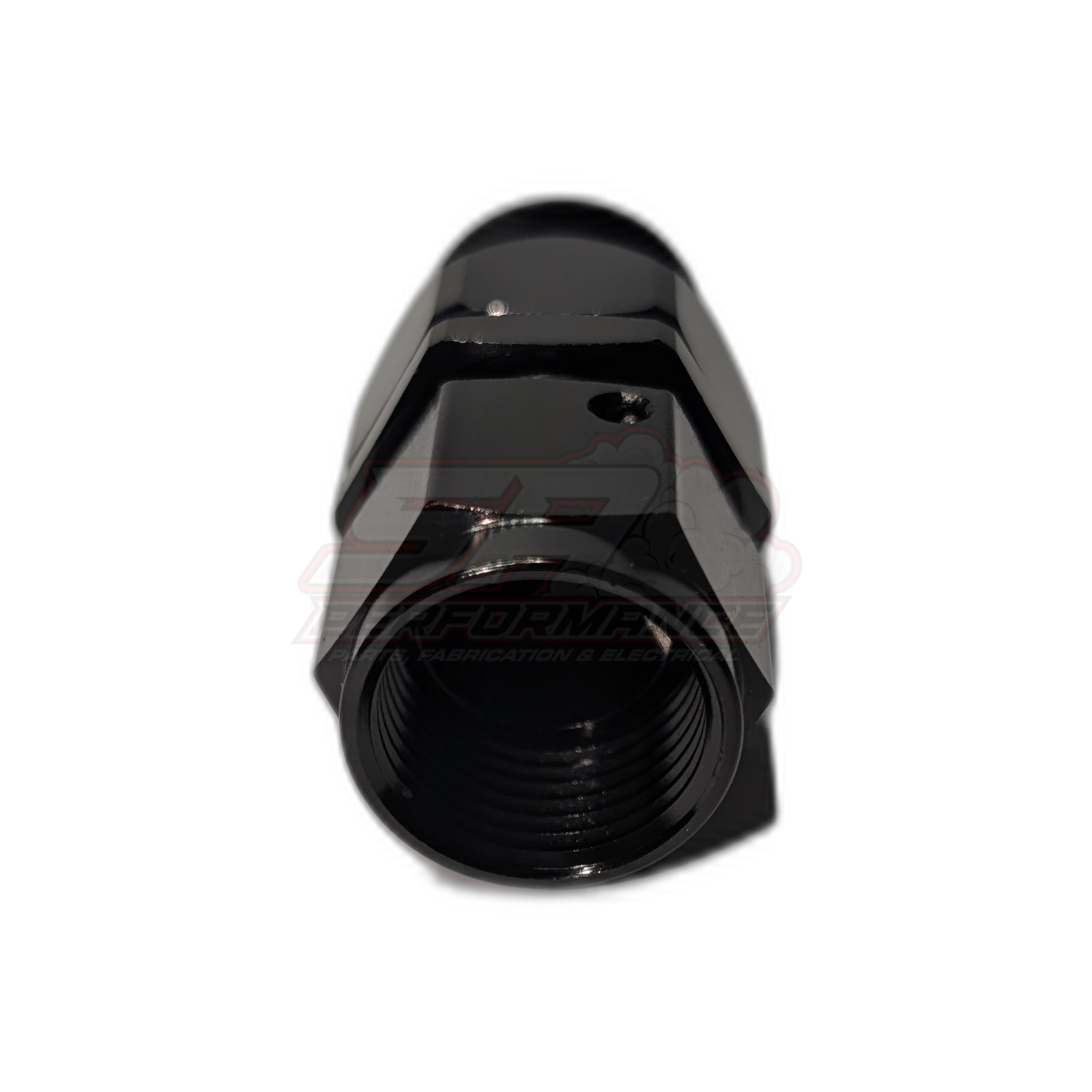 Black anodised aluminium AN10 PTFE hose end fitting front view showing hexagonal body with internal threads and machined socket detail