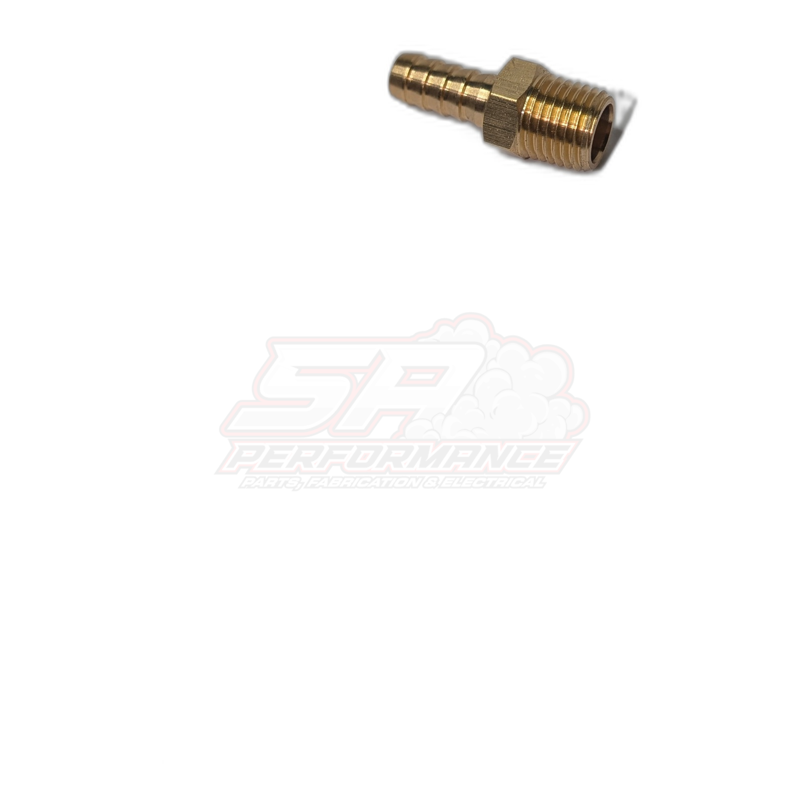 Brass 1/4" male NPT to 8mm 5/16" barb fitting angled side view showing hex body and threaded end detail