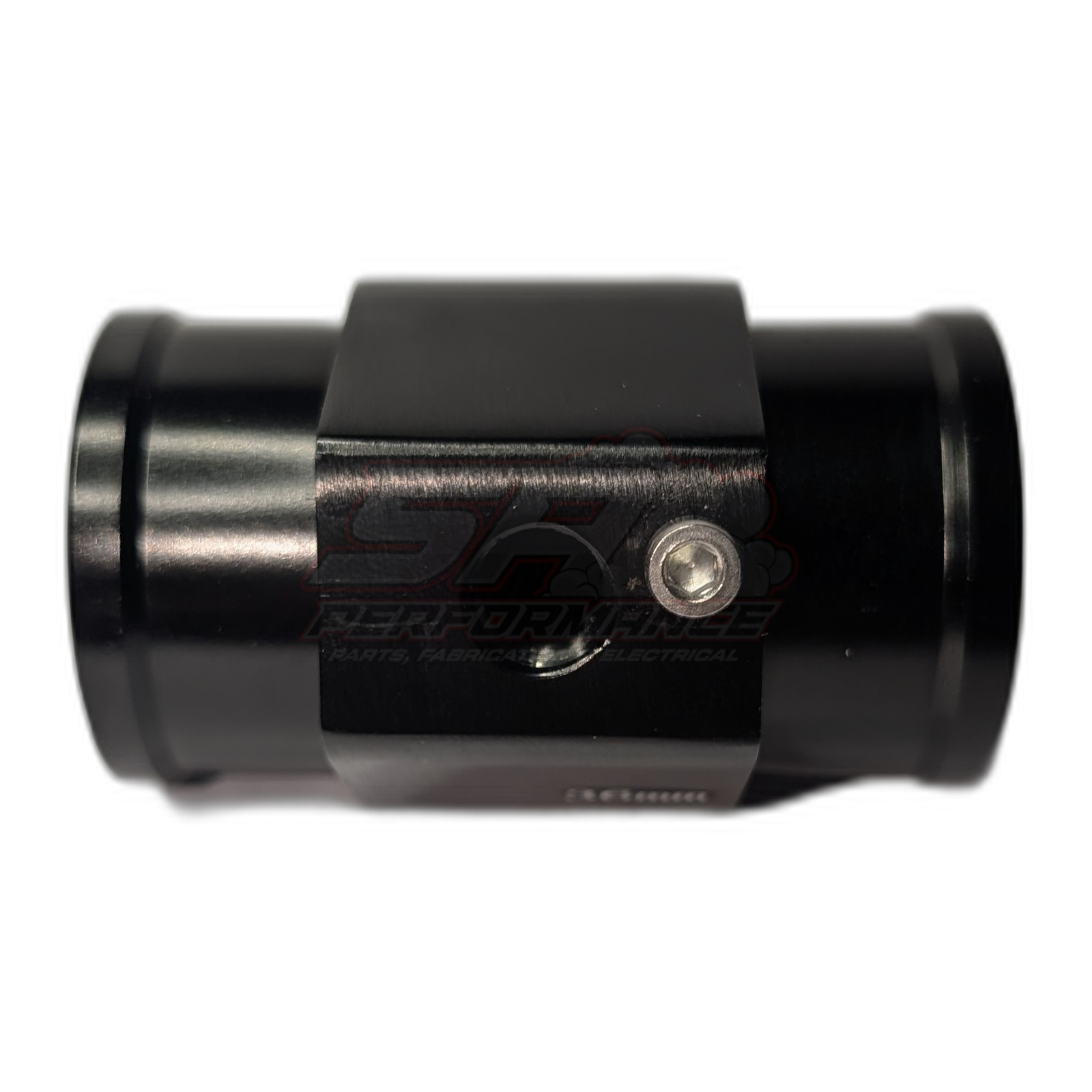 Black anodised aluminium 36mm coolant hose adapter side view showing central 1/8 NPT sensor port with hex socket and SA Performance Parts logo