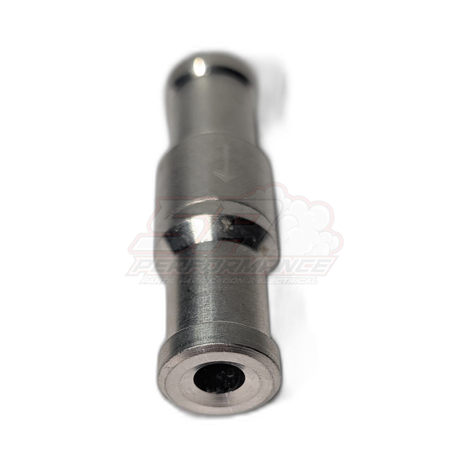 Angled end view of 12mm aluminium inline one way valve showing barbed fitting and central bore with threaded section visible
