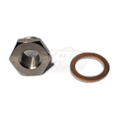 M18 x 1.5mm to M12 x 1.25mm exhaust O2 sensor spacer adapter in stainless steel with copper crush washer, angled view showing internal female threads