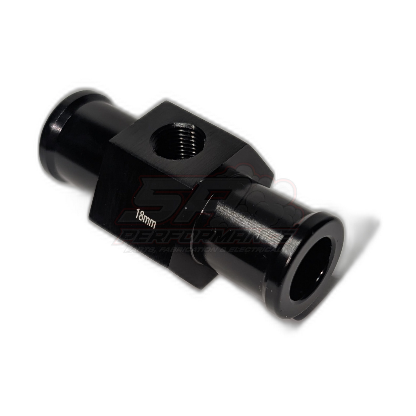 Black anodised aluminium 18mm coolant hose adapter T-piece with 1/8 NPT sensor port and dual hose barbs, angled view showing threaded inlet