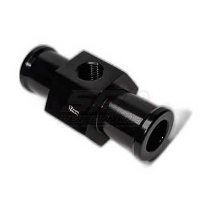 Black anodised aluminium 18mm coolant hose adapter T-piece with 1/8 NPT sensor port and dual hose barbs, angled view showing threaded inlet