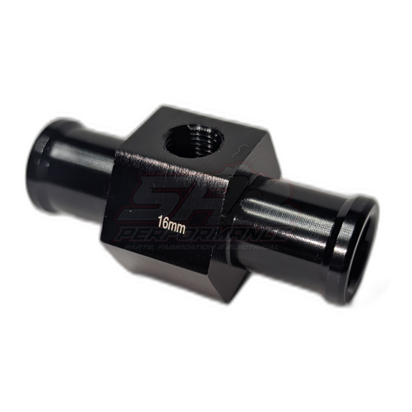 Black anodised aluminium 16mm coolant hose adapter with 1/8 NPT sensor port, angled view showing hexagonal body and barbed hose inlets